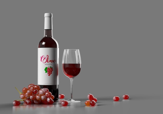 PSD wine bottle scene with grapes and wine glass mockup template 3d render.