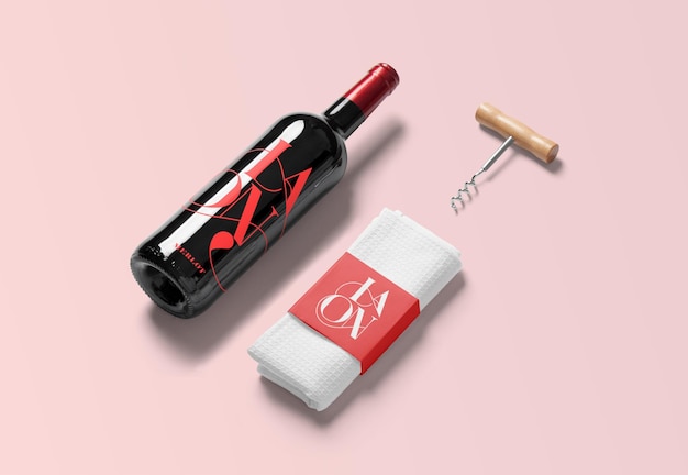 PSD wine bottle with dishcloth and corkscrew mockup