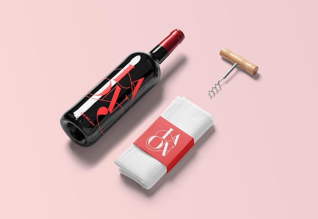 Wine bottle with dishcloth and corkscrew mockup