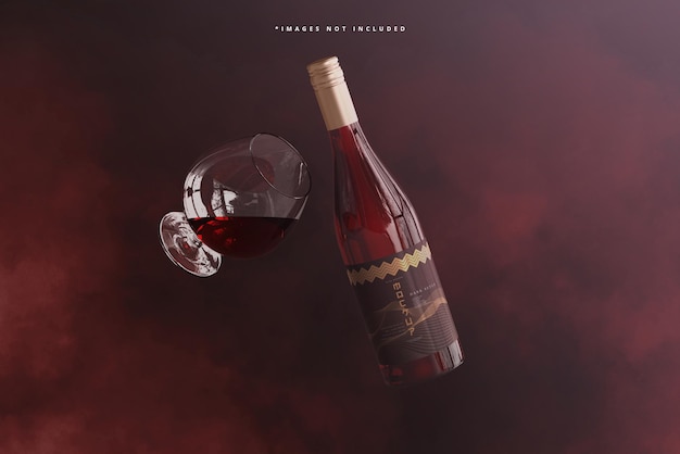 wine bottle with glass mockup