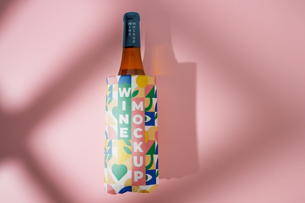PSD wine bottle wrapped in colorful paper top view