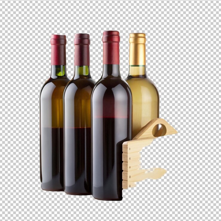 PSD wine bottles in blank wooden wine pack with handle on transparent background