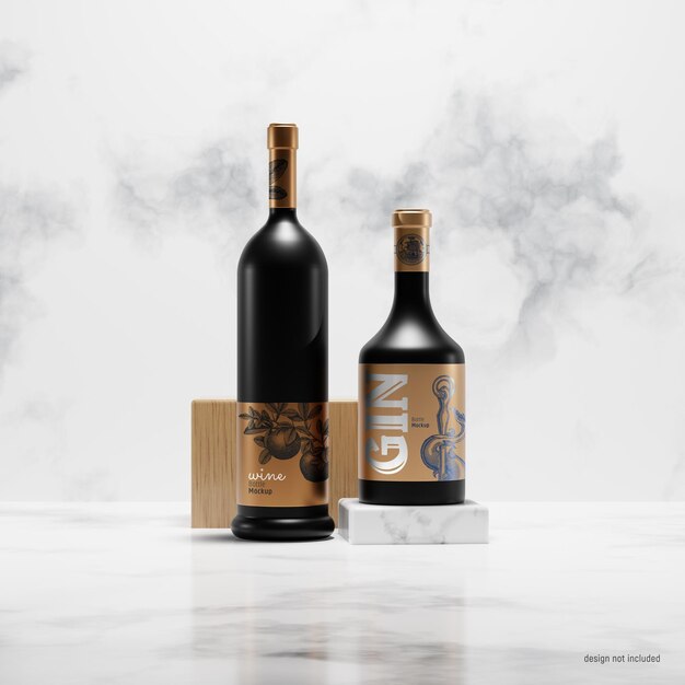 Mockup di bottiglia di vino e gin in vetro