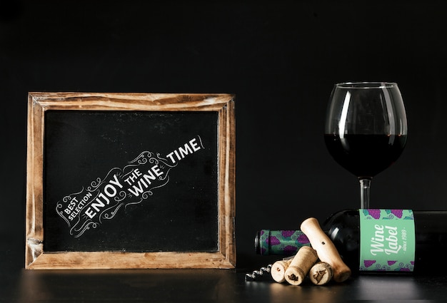 PSD wine mockup with slate and glass