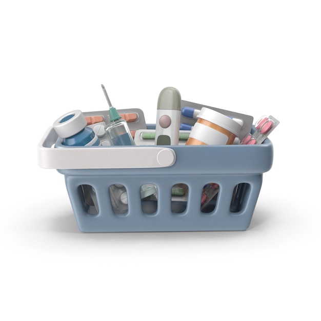 Winkels mand gevuld met medische benodigdheden pillen en medicijnen voor de gezondheidszorg