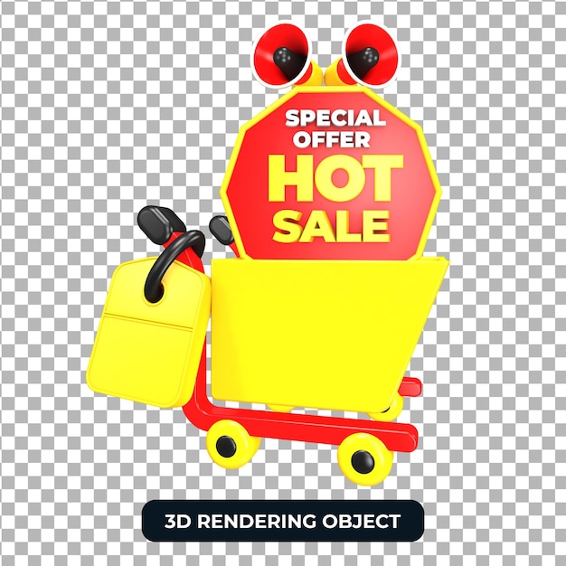 Winkelwagentje en megafoon met Hot sale aanbieding 3d render isolated