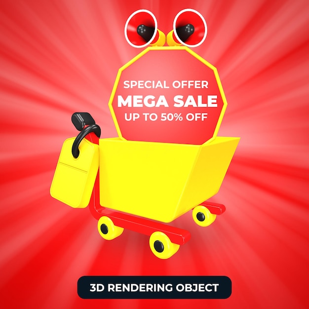 Winkelwagentje en megafoon met mega sale speciale aanbieding 50 korting 3d render geïsoleerd