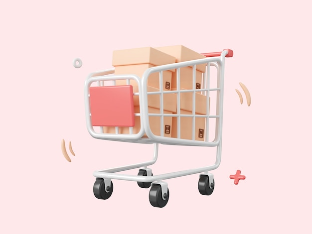 Winkelwagentje met pakketdoos 3d cartoon icoon geïsoleerd op roze achtergrond 3d illustratie