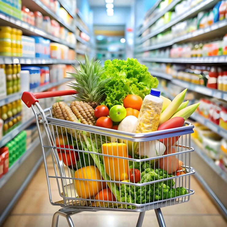 PSD winkelwagentje vol producten in een supermarkt