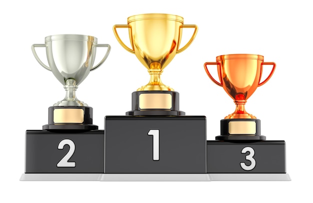 winners podium with golden silver and bronze trophy cups 3d rendering isolated on transparent background