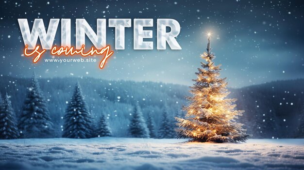 PSD winter banner and background with light winter background christmas tree snow