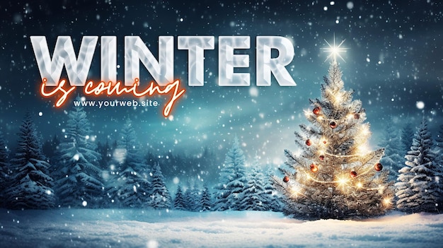 PSD winter banner and background with light winter background christmas tree snow