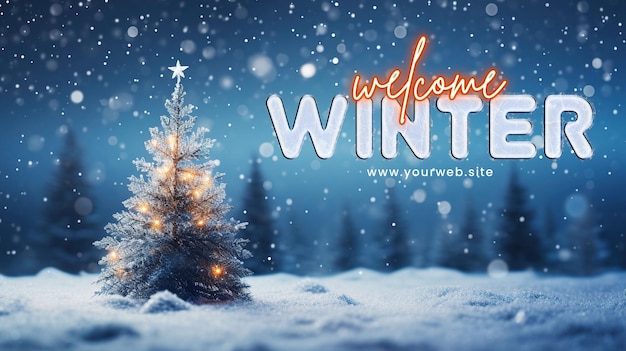 PSD winter banner and background with light winter background christmas tree snow