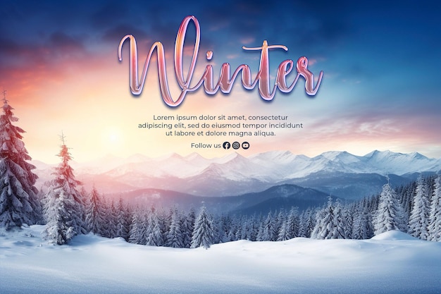 PSD winter banner template with sunrise winter background