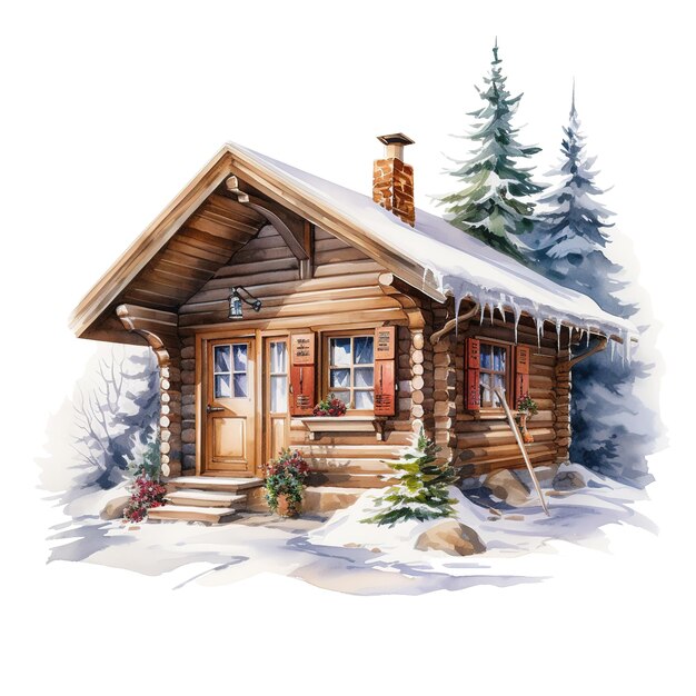 PSD winter forest cabin for christmas event watercolor style ai generated