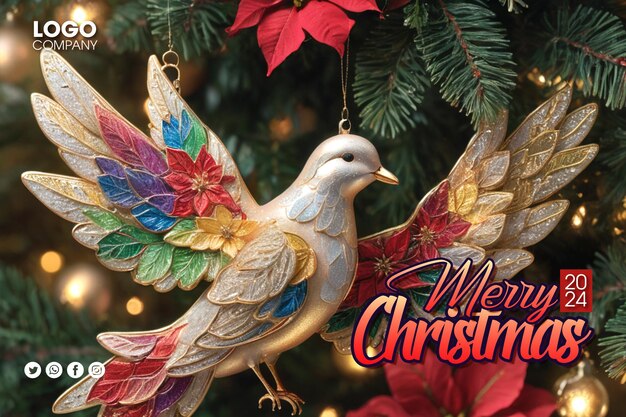 PSD winter holidays greeting card with merry christmas text a christmas tree with a bird on it