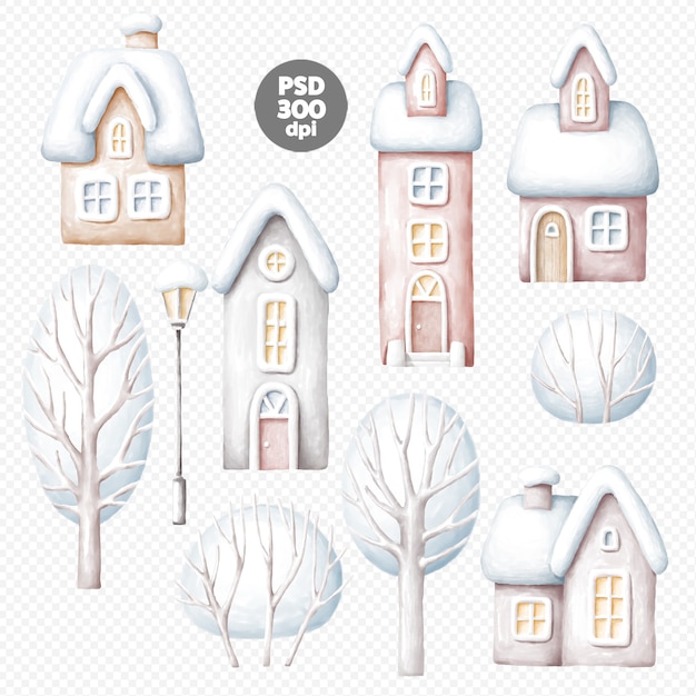 PSD Зимние дома и деревья иллюстрации