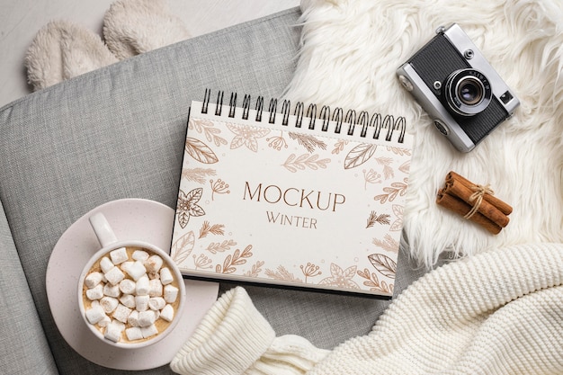 Winter hygge assortment with notepad mock-up