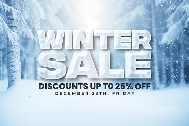 PSD winter sale banner design template with snowdrifts and snow covered blur forest cold winter time