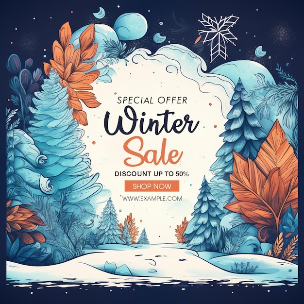 PSD winter sale banner template design with winter landscape