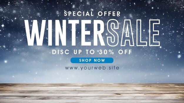 Winter sale banner template with winter table snowy plank with snowfall in the cold sky