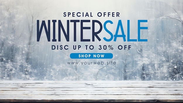 PSD modello di banner di vendita invernale con tavolo invernale tavola innevata con nevicate nel cielo freddo