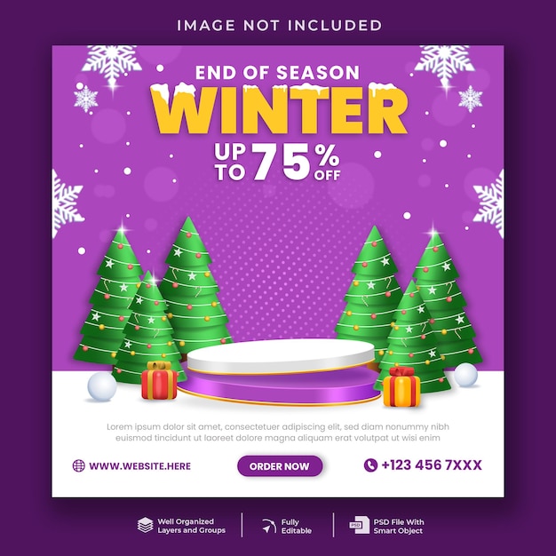 PSD winter sale social media banner template with podium product display