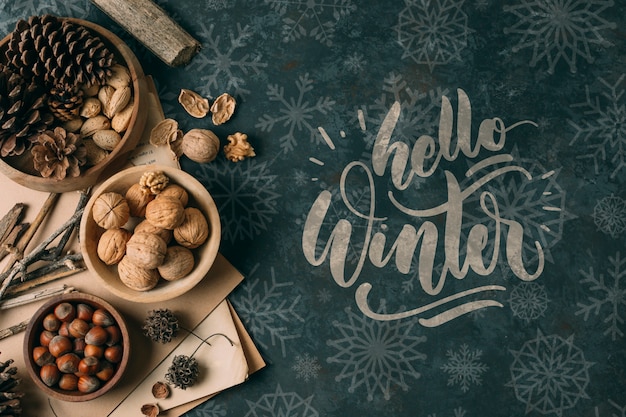 PSD winter snack with hello winter greeting