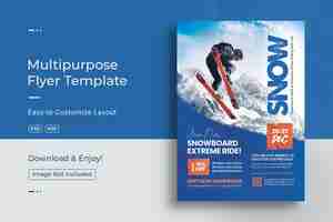 PSD winter snowboarding ski sports a4 flyer design template