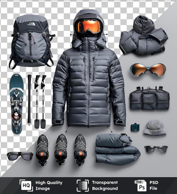 Winter sports gear set up on a white wall featuring a black and gray backpack black glasses a gray hat and a blue and black snowboard