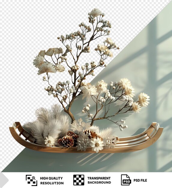 PSD winter still life on sled isolated on isolated background featuring white flowers and a white wall with a shadow in the foreground png psd