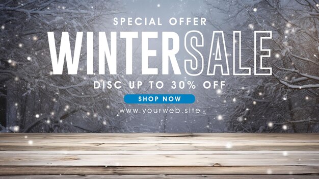 PSD winter verkoop banner sjabloon met winter table snowy plank met sneeuwval in the cold sky