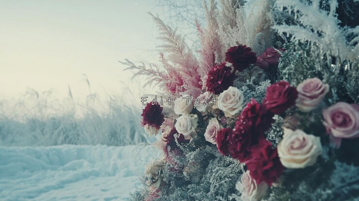 PSD 冬季婚禮花安排,用,花和草在雪地風景中