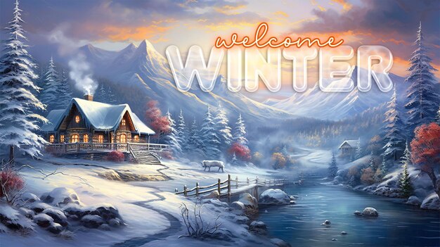 PSD winter welkom banner sjabloon met houten huis in het winter landschap