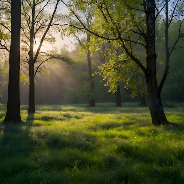 PSD wiosenny krajobraz leśny z kolorowymi liśćmi, drzewami i trawą rano