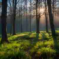 PSD wiosenny krajobraz leśny z kolorowymi liśćmi, drzewami i trawą rano