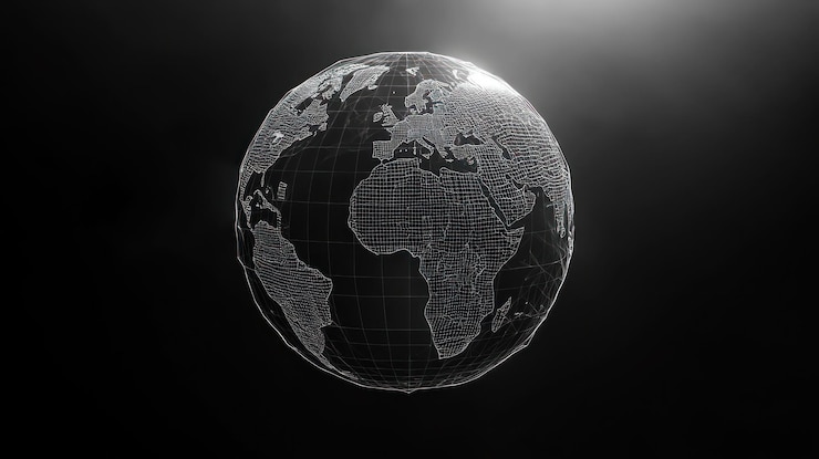 PSD a wireframe globe with a glowing light source depicting the continents of the earth isolated against a black background