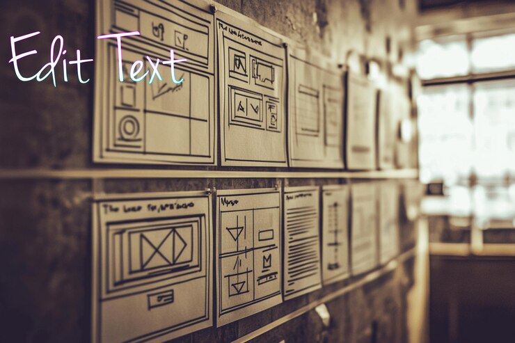 PSD wireframes pinned on a wall showcasing website or app design process