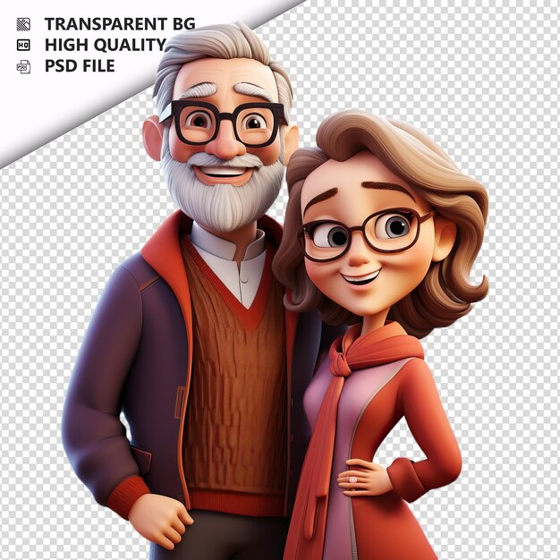 PSD wise european couple 3d cartoon style white background is