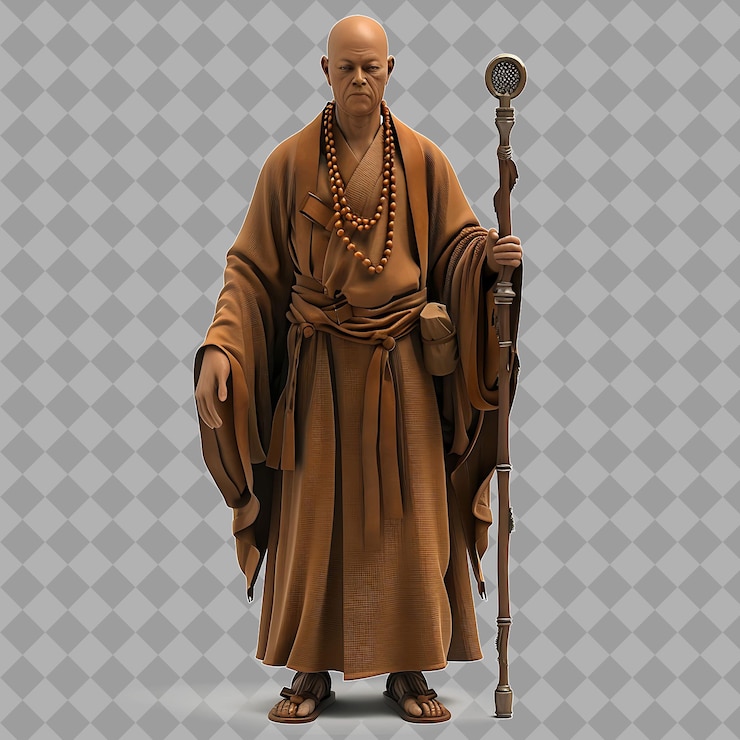 PSD wise monk spiritual guide with lean form monks robe prayer b isolated 3d character illustration
