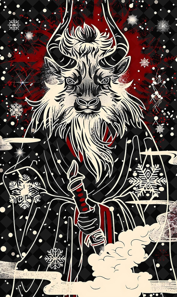 PSD wise yak hermit portrait with a kusarigama in a wise stance illustration animal warrior character