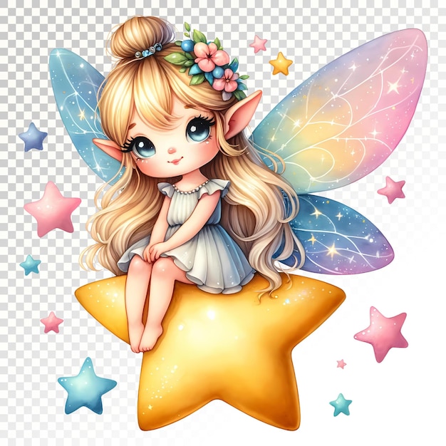 PSD wishmecle cute fairy sitting on a star watercolor clipart magical fairy clipart