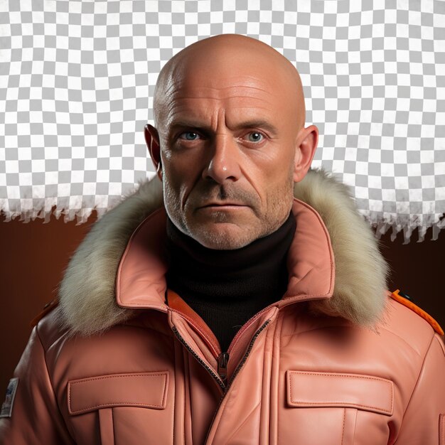 A wistful adult man with bald hair from the slavic ethnicity dressed in air traffic controller attire poses in a holding collar of jacket style against a pastel apricot background