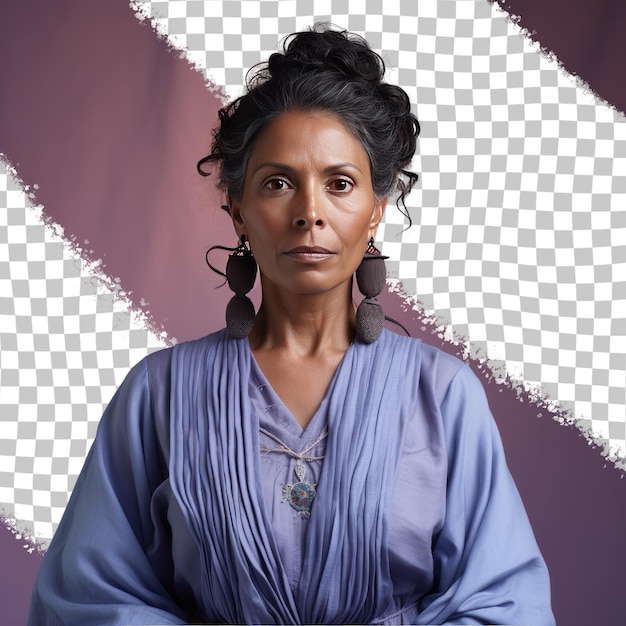 PSD a wistful middle aged woman with kinky hair from the native american ethnicity dressed in creating pottery attire poses in a intense direct gaze style against a pastel periwinkle background