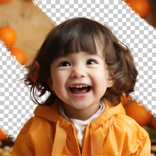PSD 賢い幼児 遊び心のある笑い 東アジアの写真家スタイル 短い ⁇ とパステルタンジェリン