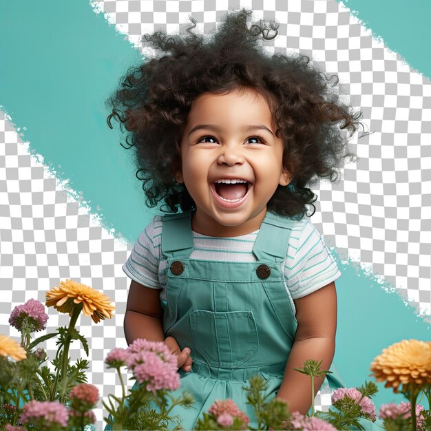 PSD a wistful toddler woman with kinky hair from the south asian ethnicity dressed in gardening in the backyard attire poses in a playful laugh style against a pastel turquoise background