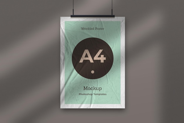 Wiszący pomarszczony plakat makieta z nakładką cienia