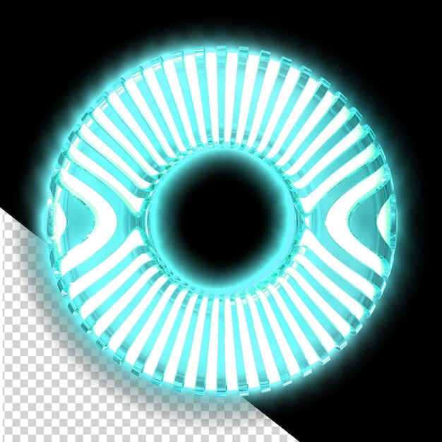 PSD wit 3d-symbool met ultra dunne turquoise lichtgevende verticale banden letter o