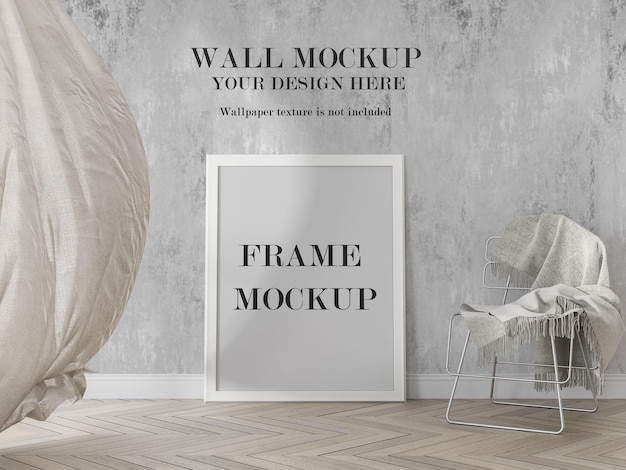 Wit frame mockup met zwaaien gordijn in de kamer