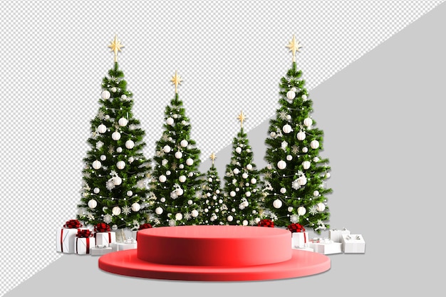 Wit productvertoningspodium met kerstboom in woonkamer op rode muurachtergrond 3d-rendering